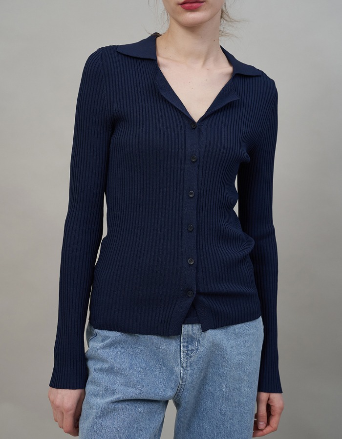 FLUID) Ribbed Collar Cardigan / Punching Knit Top Set (2color) 재입고
